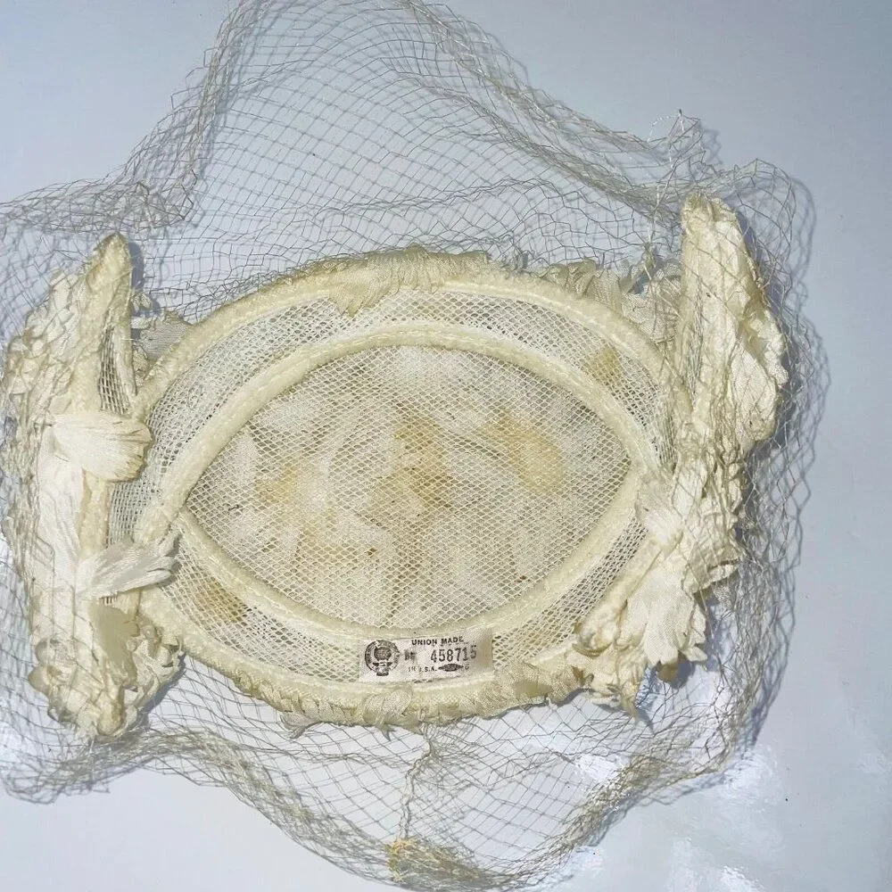 Vintage 50s 60s Crown Ivory Hat Net Floral Pearls Bridal Dance Costume Theatre